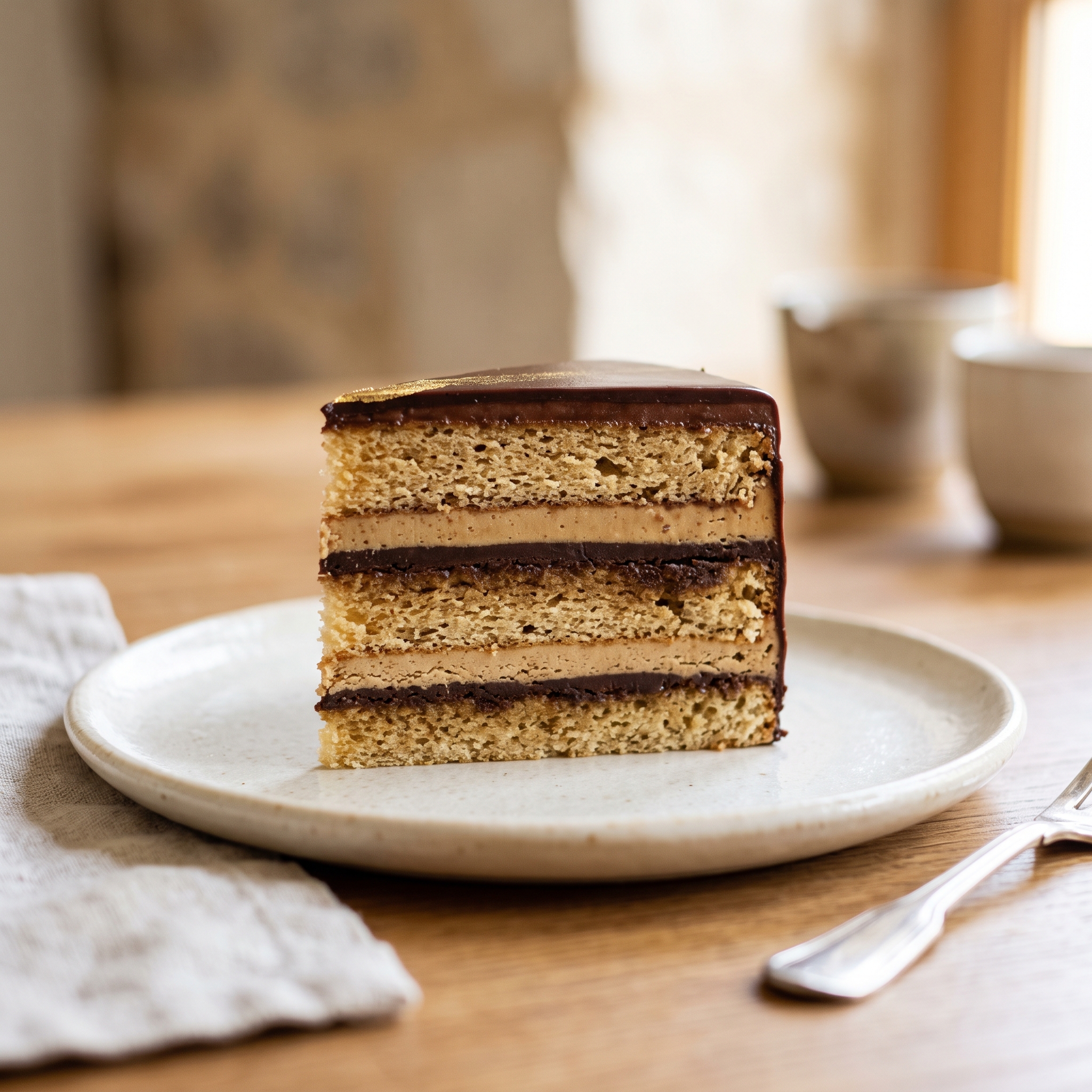 Biscuit joconde utilisé en fines couches dans un entremets de type opéra