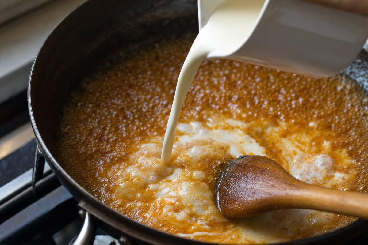 Crème versée dans le caramel chaud