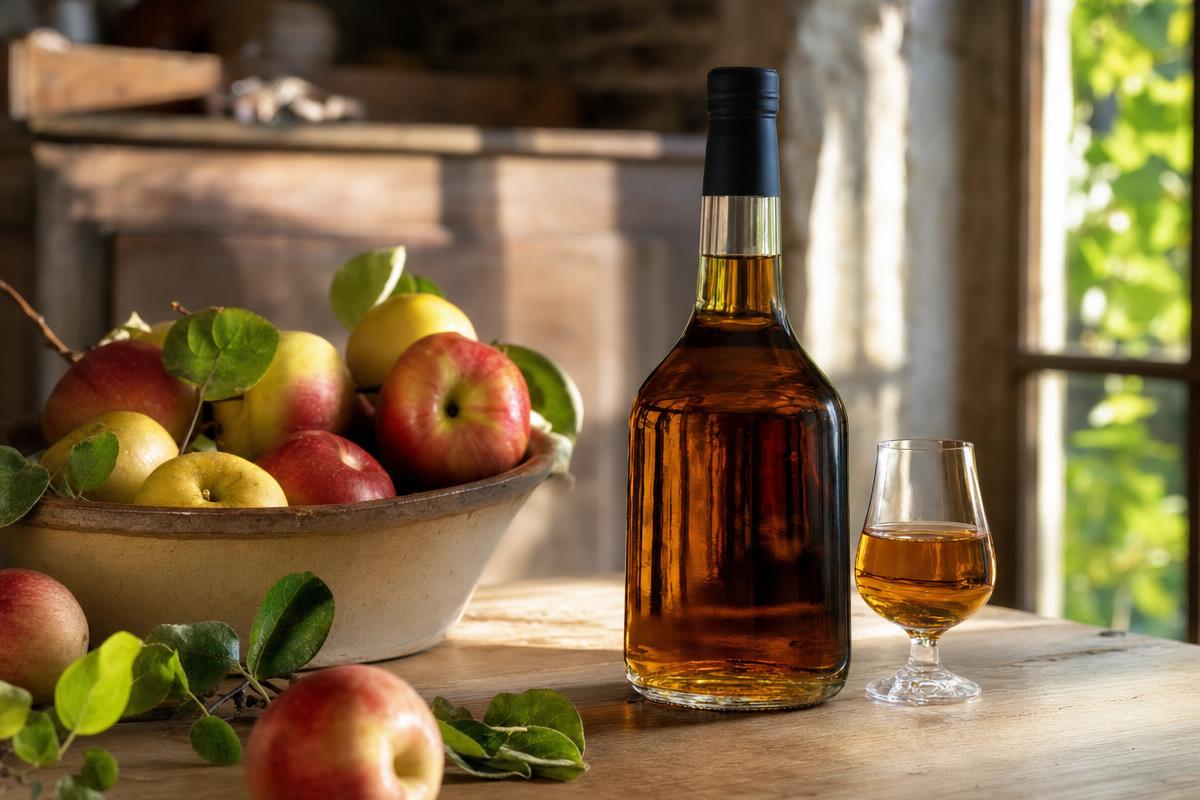Bouteille de calvados et pommes normandes