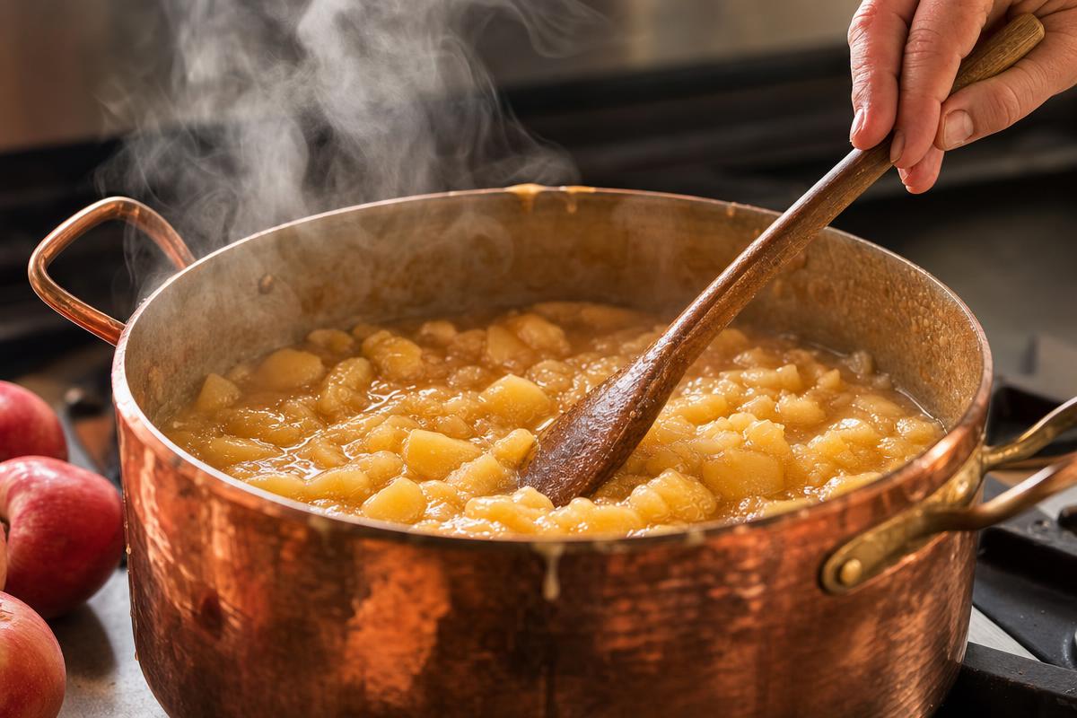 Compote de pommes qui mijote avec vapeur