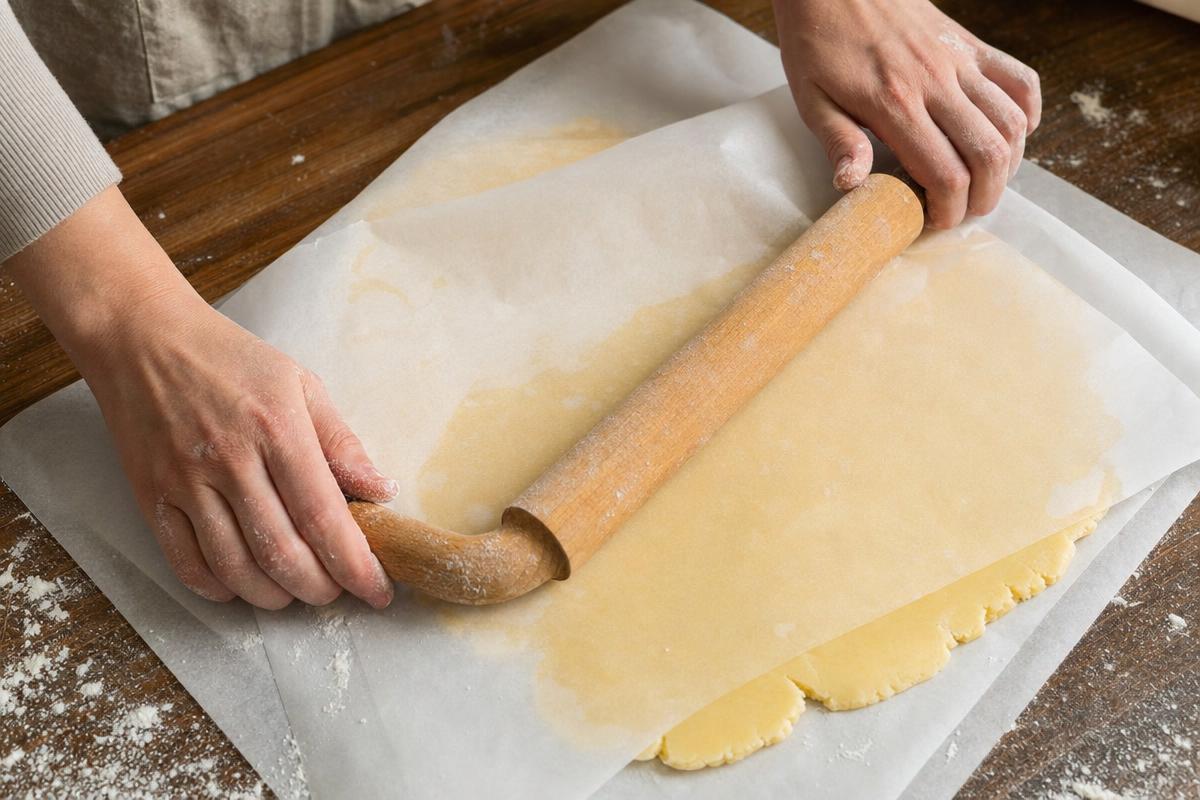 Pâte sans gluten étalée entre papiers cuisson